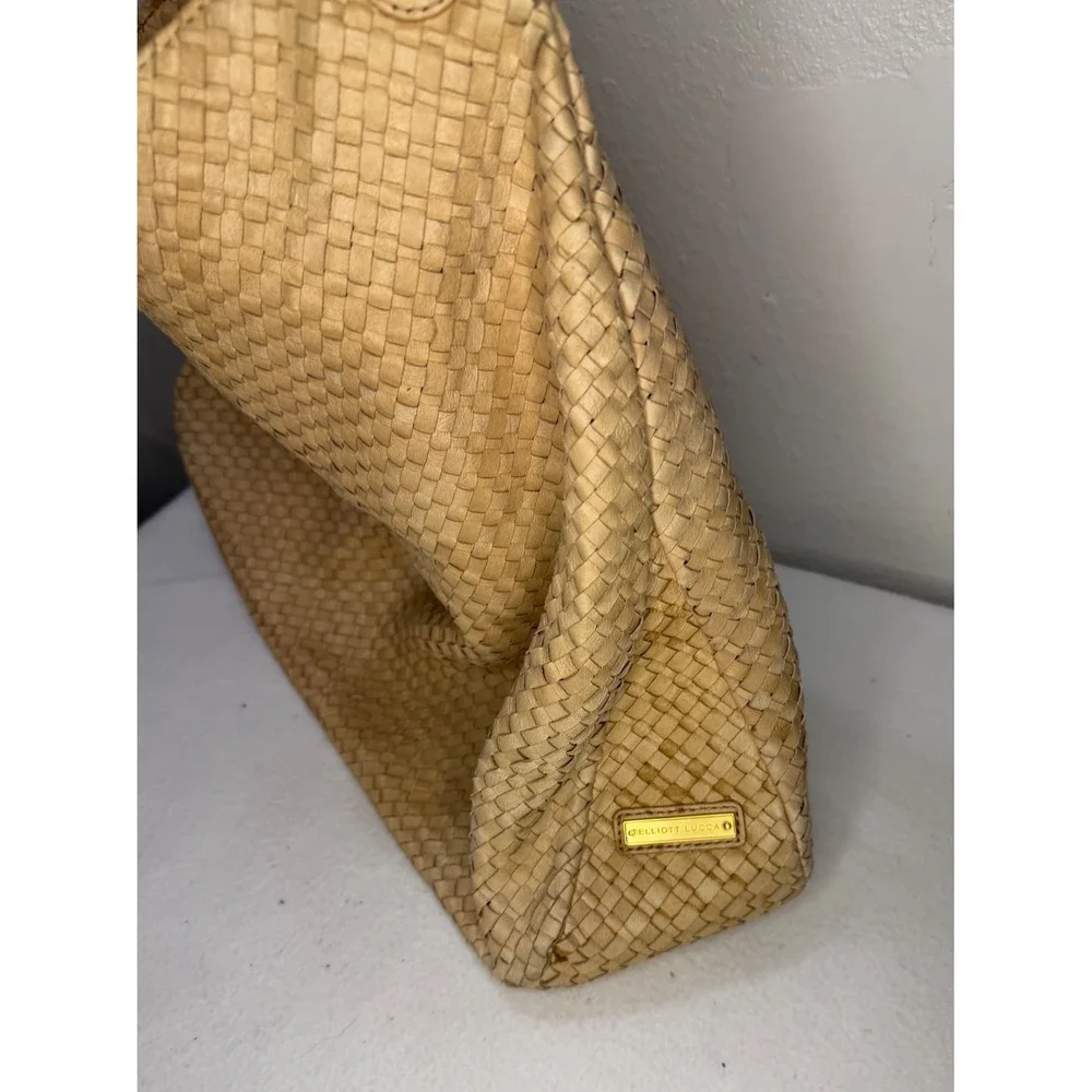 Elliott Lucca Isadora Hobo Bag Women Large Tan Woven Leather Fair Stained Base